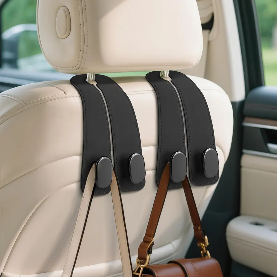 Car Hooks for Headrest, 2Pcs Seat Back Storage Hook Luxurious Leather 100% Metal Multifunctional Car Hanger & Holder for Heatrest, Seat, Bag, Purse (Black)