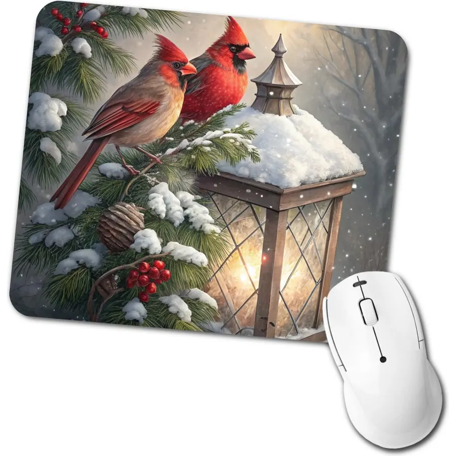 Cardinal Birds Snow Lantern Christmas Low Profile Mouse Pad Mat