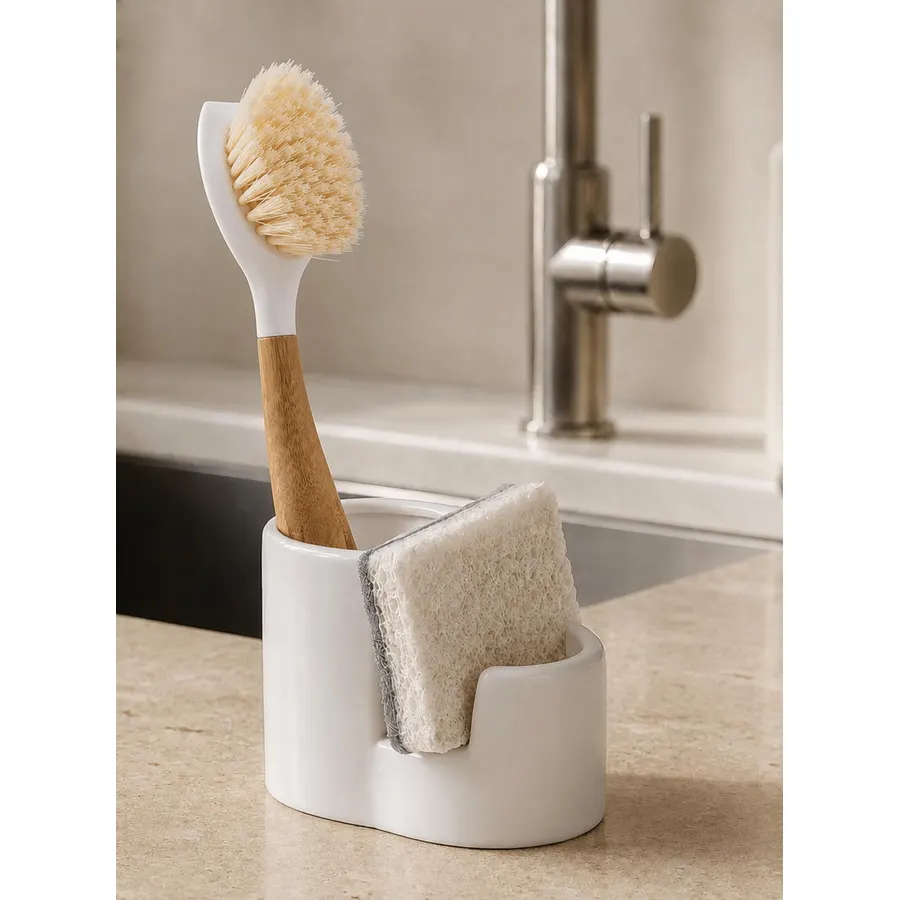 Ceramic Sponge Holder with Drainage, Black Sink Caddy Organizer