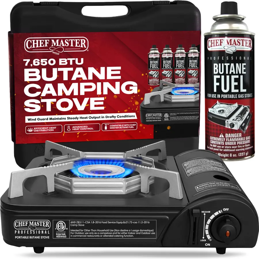 Chef Master Portable Butane Camping Stove, Tabletop Gas Cooker, 7,650 BTU