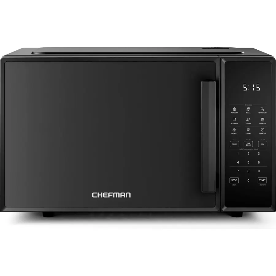 Chefman Countertop Microwave Oven 0.9 Cu. Ft., 900 Watts with 10 Power Levels, 6 Cooking Presets with One-Touch Express Cook, Eco Mode, Child Safety Lock, & Mute Button - Black