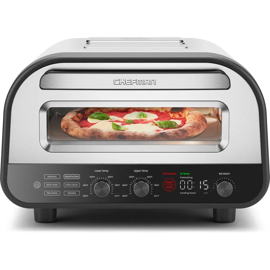 CHEFMAN Indoor Pizza Oven - Makes 12 Inch Pizzas in Minutes, Heats up to 800°F - Countertop Electric Pizza Maker with 5 Touchscreen Presets, Pizza Stone and Peel Included - Stainless Steel