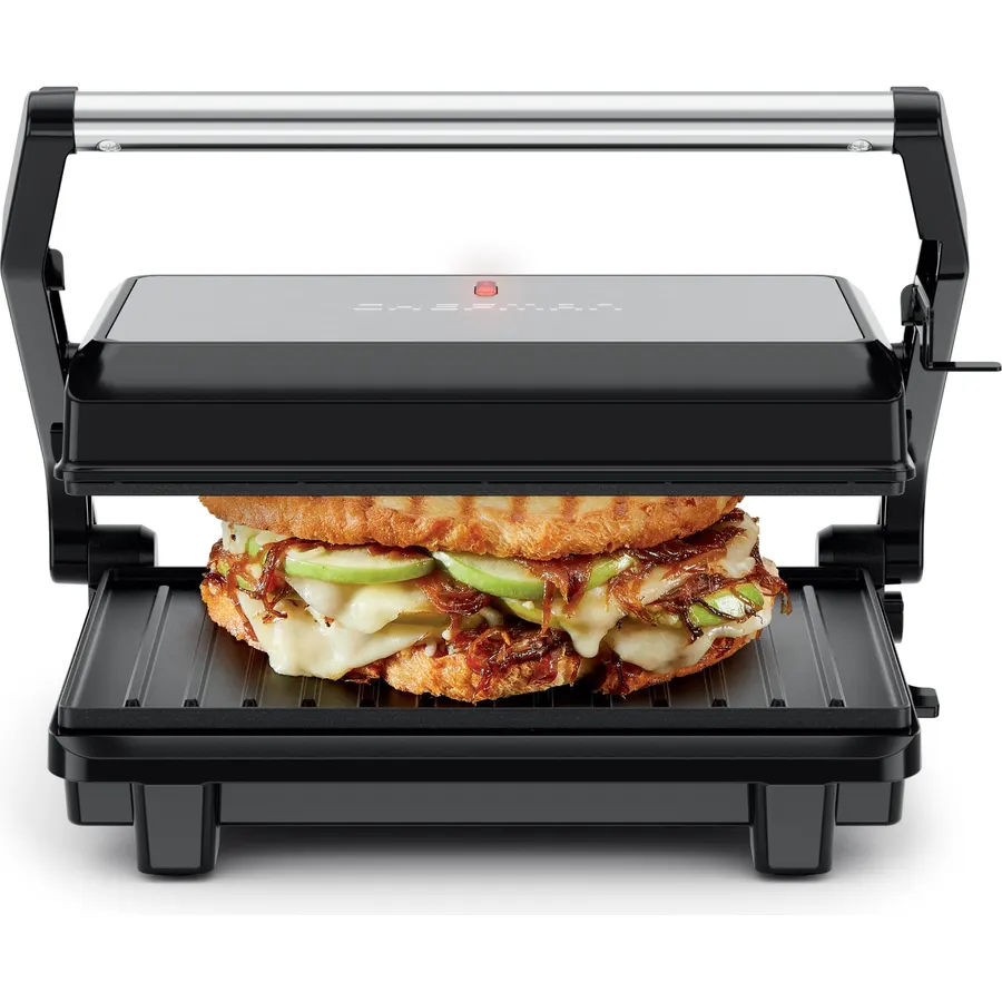 Chefman Panini Press, Indoor Grill and Gourmet Sandwich Maker, Nonstick Plates Open 180 Degrees, Floating Hinge for Thick Bread and Rolls, Stainless-Steel Finish with LED Indicators, 2 Slice - Black