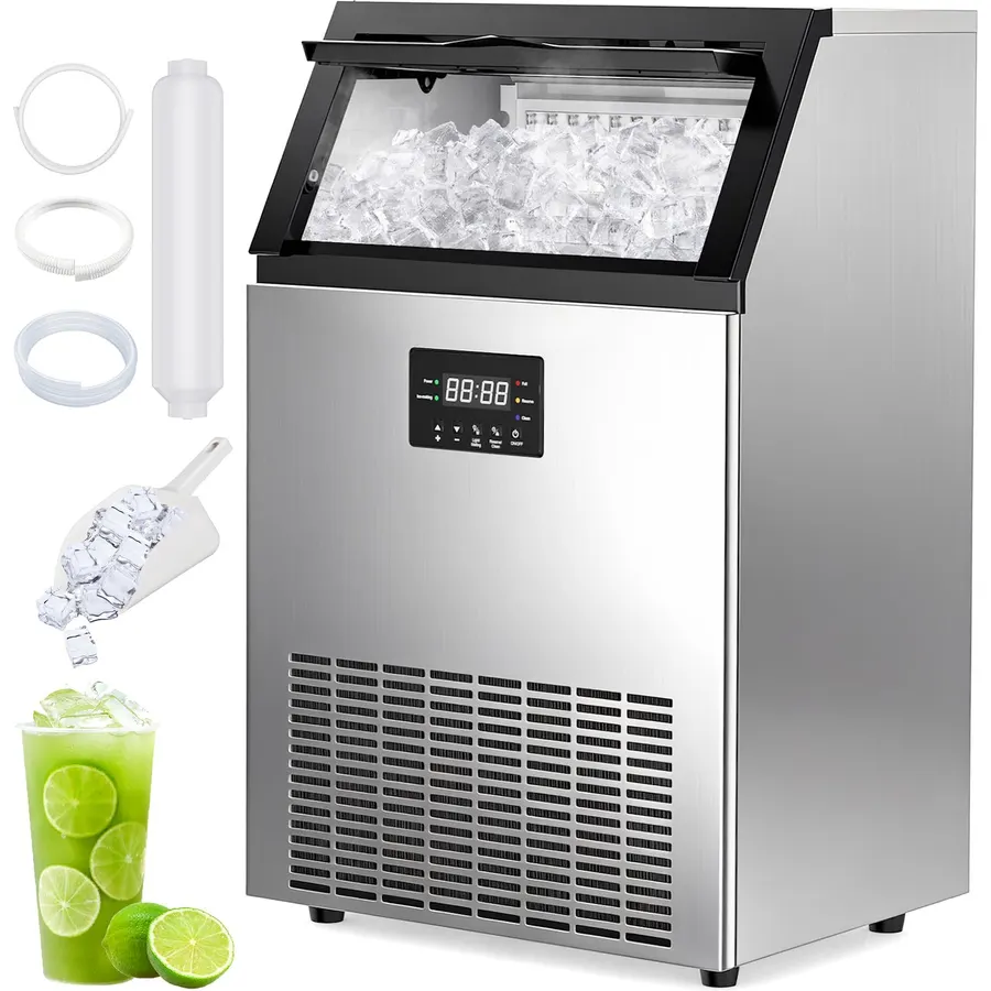 Commercial Ice Maker Machine, 110 Lbs/24H, 36 Cubes in 7-14 Mins, 33 Lbs Storage Capacity, Self-Cleaning Stainless Steel Ice Machine, Under Counter Freestanding Ice Makers for Home Cafe Bar Restaurant