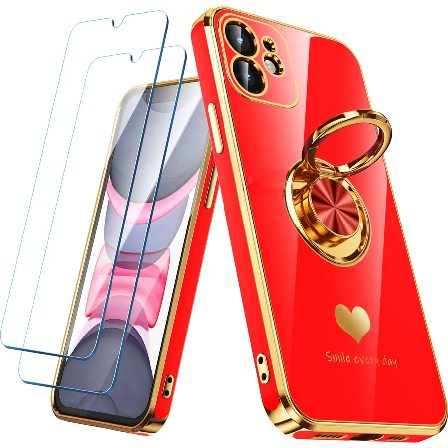 Compatible for iPhone 11 Case with 2 Pack Screen Protector, 360° Rotatable Ring Holder [Luxury Hearts Pattern] Plating Gold Edge Slim Soft Phone Cover Case for iPhone 11 - Red