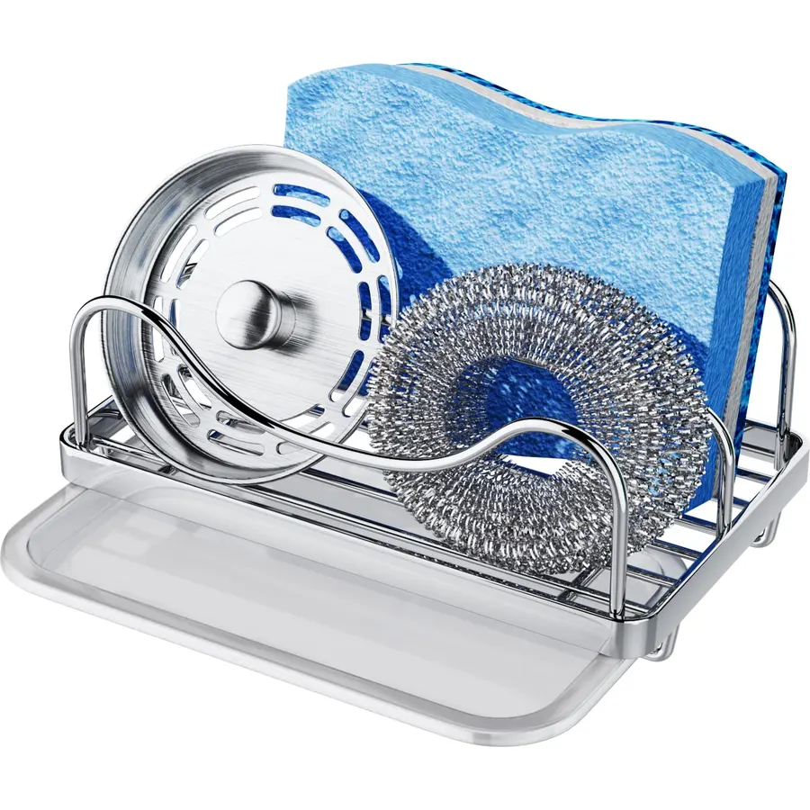 Consumest Sponge Holder for Kitchen Sink - Movable Sink Caddy for Countertop Organizer, 304 Stainless Steel Sponge Holder with Detachable Drip Tray for Kitchen Accessories-Silver