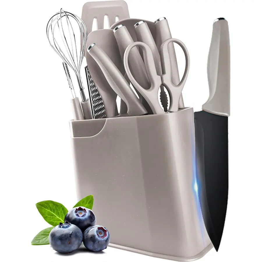 Cooking Utensils Set,12 PCS Kitchen Knife Set with Holder and Silicone Utensils Set for Cooking,Non-stick Stainless Steel Knives Set & Heat Resistan Kitchenware Set,Essential kitchen Gadgets (Khaki)