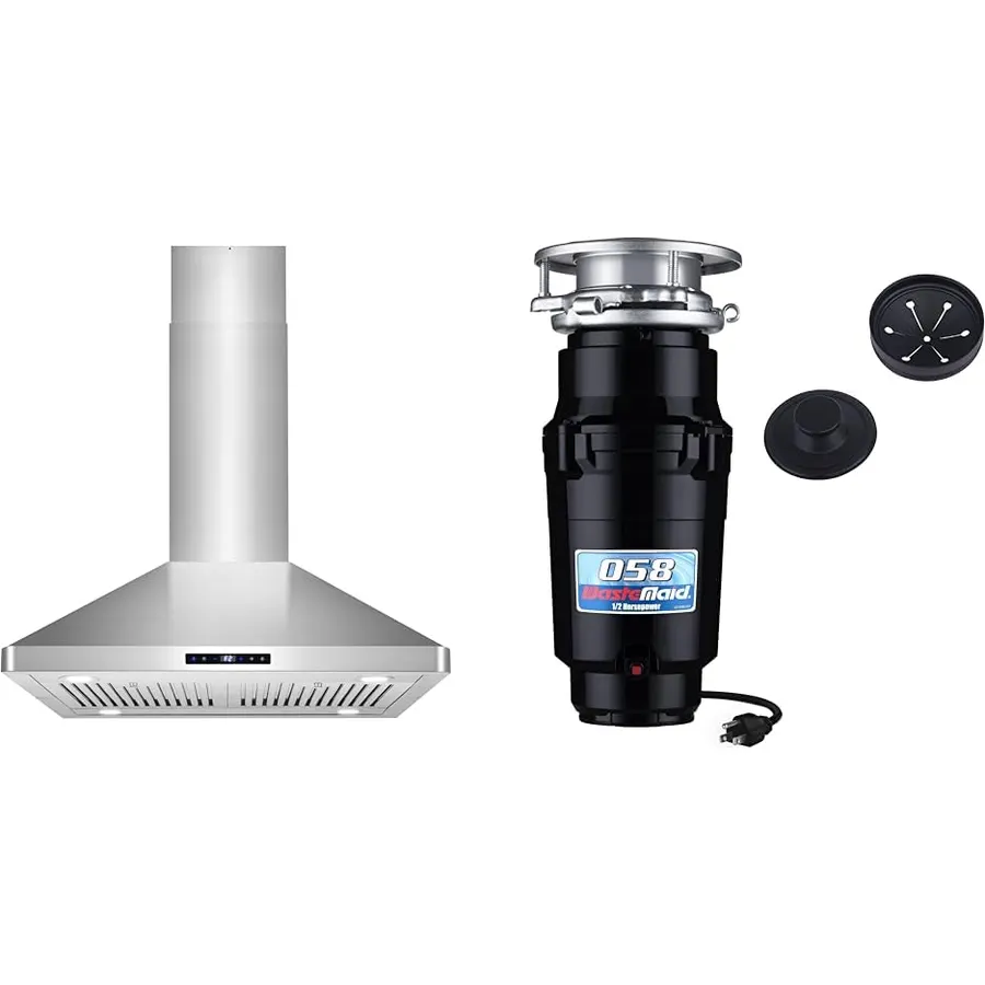 Cosmo 30" Stainless Steel Island Range Hood with 3-Speed Fan and Waste Maid 1/2 HP Garbage Disposal Anti-Jam Stainless Steel Grinding System
