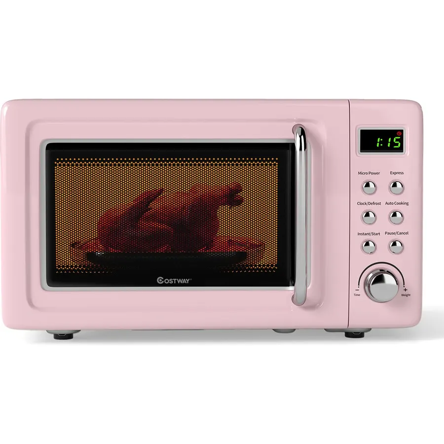 COSTWAY Small Microwave Countertop, Portable Pink Microwave 0.7 Cu.ft