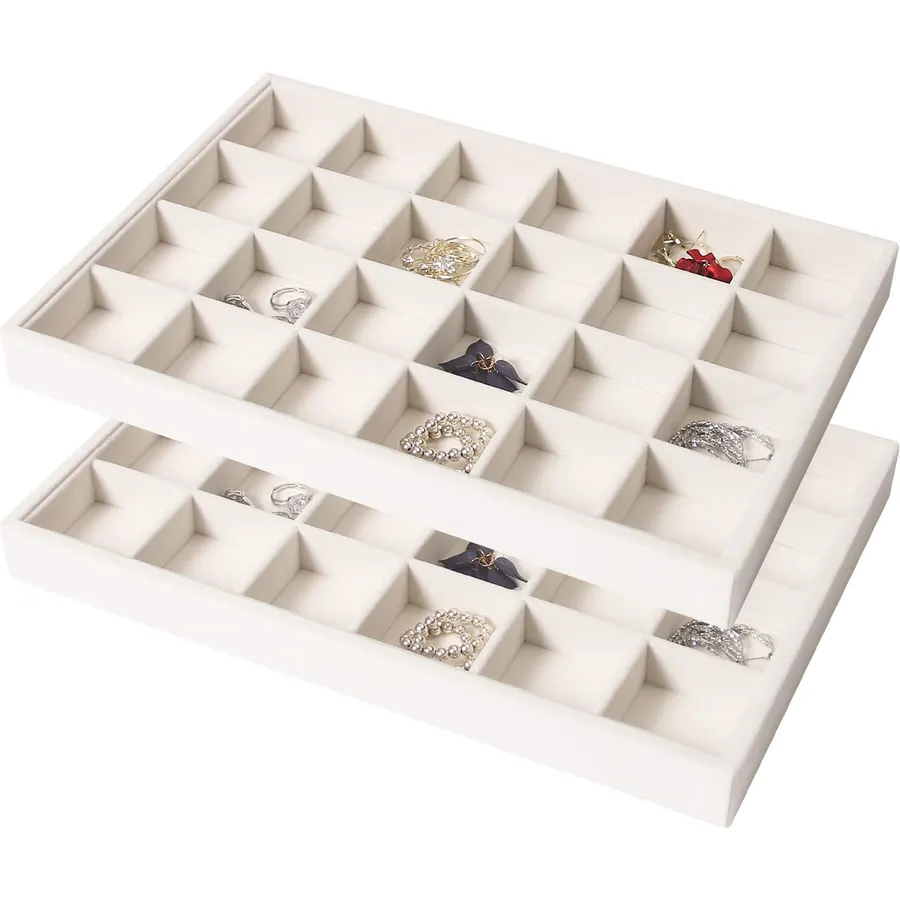 Coward 2PC Stackable 24 Gird Jewelry Organizer Tray Necklace Earring Box Storage Drawer Ring Bracelet Display Holder (beige(24grid+24grid))