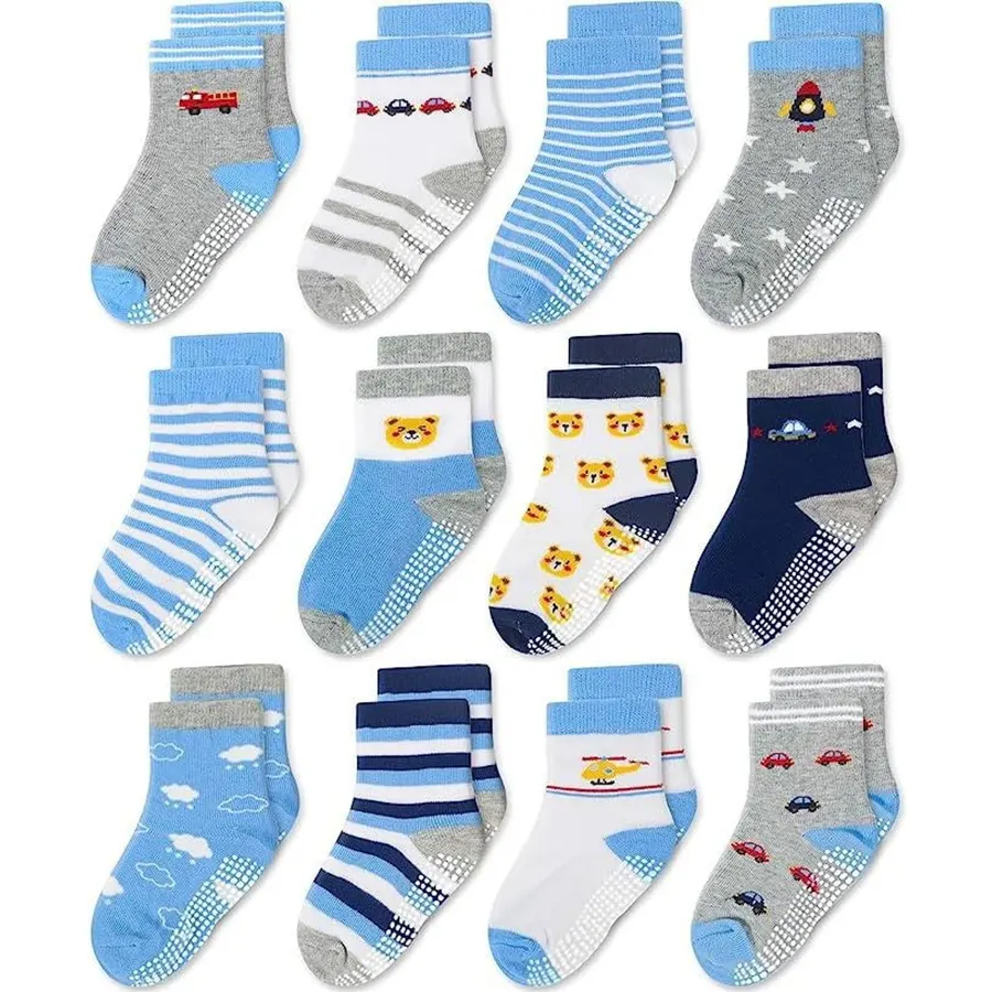 CozyWay Baby & Toddler Socks With Grippers Non Slip Crew Grip Socks for Girls and Boys Soft Comfy Cotton - 12 Pack