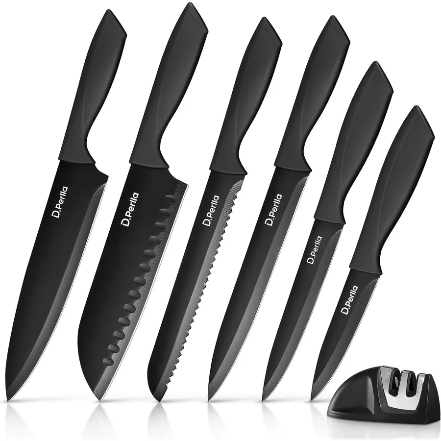 D.Perlla 7 PCS Black Knife Set with Sharpener Small Kitchen Knives Set