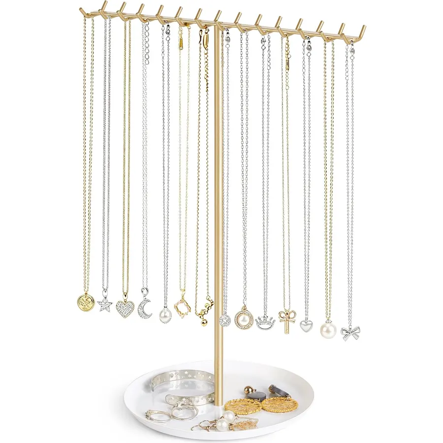 Dahey Necklace Holder with Storage Tray 28 Hooks Gold Jewelry Display Stand