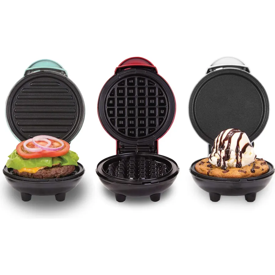 Dash Mini Maker Set - Customized Treat Maker - Supports Multi-Function Cooking - Easy Cleanup and User-Friendly Design - White, Aqua & Red - Waffle, Grill & Griddle Irons