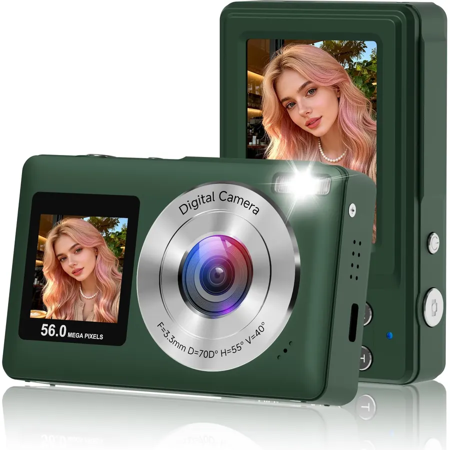 Digital Camera, 2026 Upgraded 56MP Dual Screens Digital Camera, Compact Cameras Built-in Battery with 16X Zoom Travel Cameras with Smile Capture 32GB SD Card Anti Shake for Kids Beginners Teens,Green