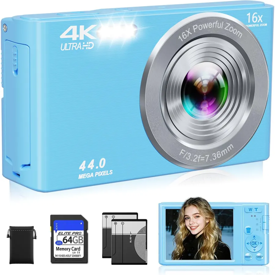 Digital Camera 4K, Autofocus Digital Compact Digital Camera,16X Digital Zoom Upgraded Travel Camera with 64GB SD Card,2 Batteries,Small Camera for Teens Kids Boys Girls,Blue
