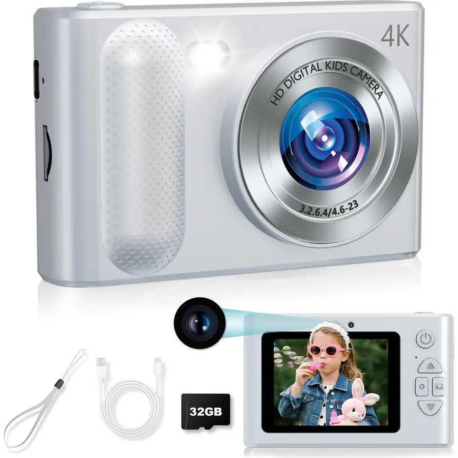 Digital Camera, 48MP Kids Camera 1080P Dual Lens Cmopact Camera with Fill Light, Portable Camera with 32GB SD Card, Small Digital Camera for Kids Teens Boys and Girls(Sliver