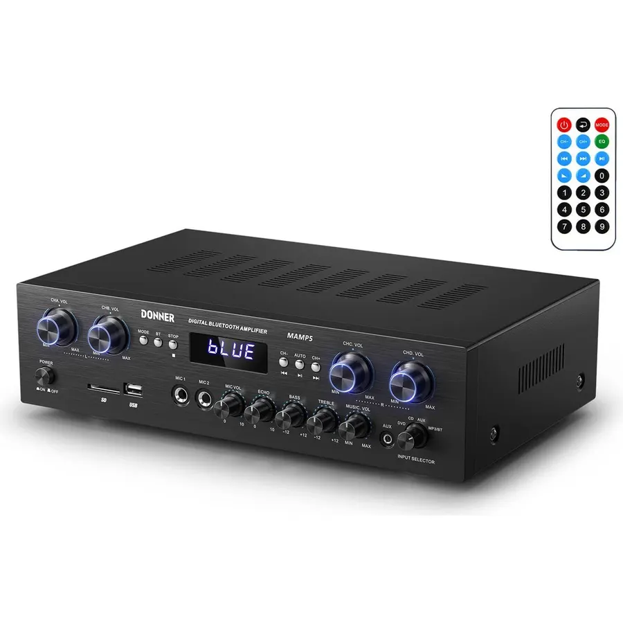 Donner Bluetooth 5.0 Stereo Audio Amplifier Receiver, 4 Channel 440W Peak Power Home Theater Stereo Receiver with USB, SD, FM, 2 Mic in Echo, RCA, LED, Speaker Selector for Studio, Home - MAMP5