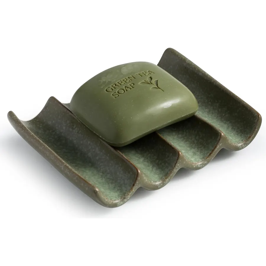Draining Ceramic Soap Dish - Fluted Design, Bar Soap Holder for Shower & Bathroom, Soap Saver Sponge Lift, Green