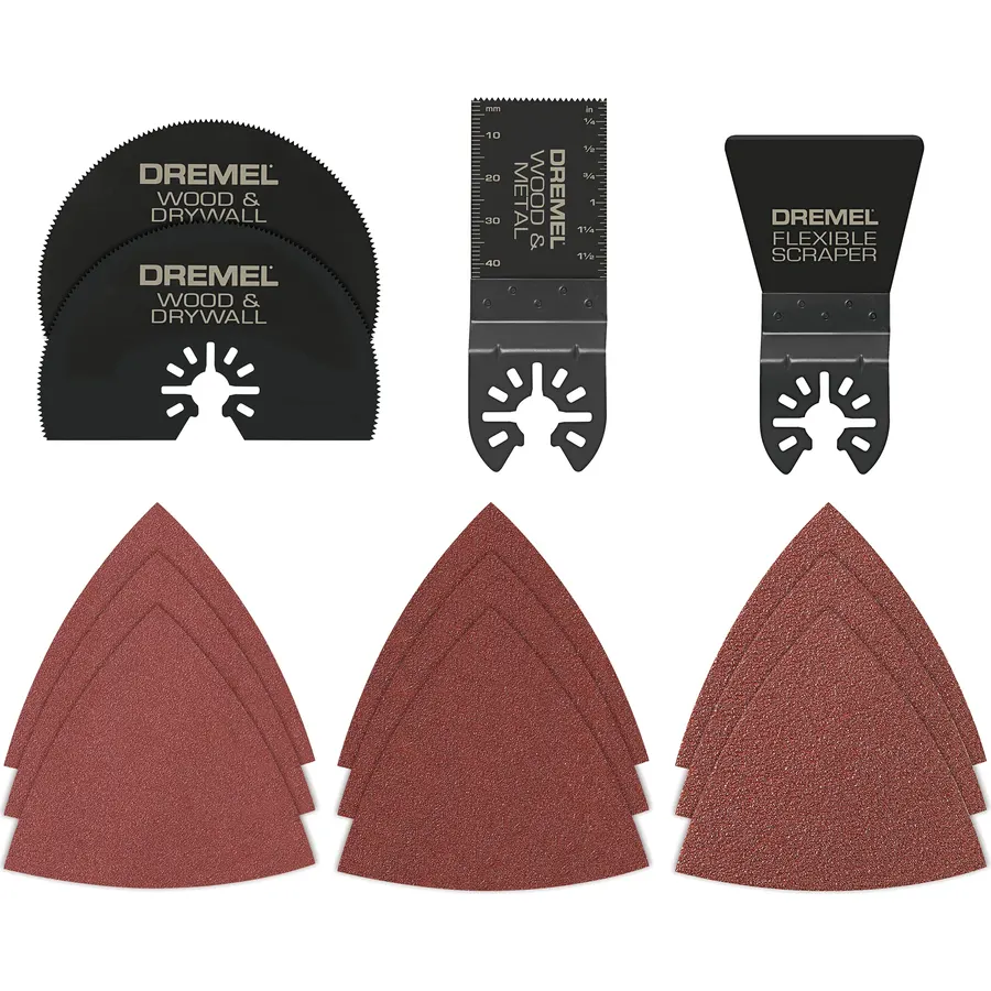 Dremel MM388 13-Piece Oscillating Multi-Tool Accessory Kit, Includes 4 Blades, 9 Wood Sandpaper Sheets, and Reusable Case - Universal Quick- Fit Interface fits Bosch, Makita, Milwaukee, and Rockwell
