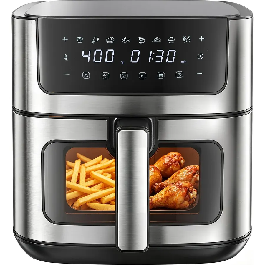 NEWBULIG Air Fryer 6.34QT Airfryer with Visible Window 400℉ Fast Heating Stainless Steel Air Fryers Oven with Nonstick and Dishwasher-Safe Basket 8-in-1 Cooking Preset with Timer Auto-Off
