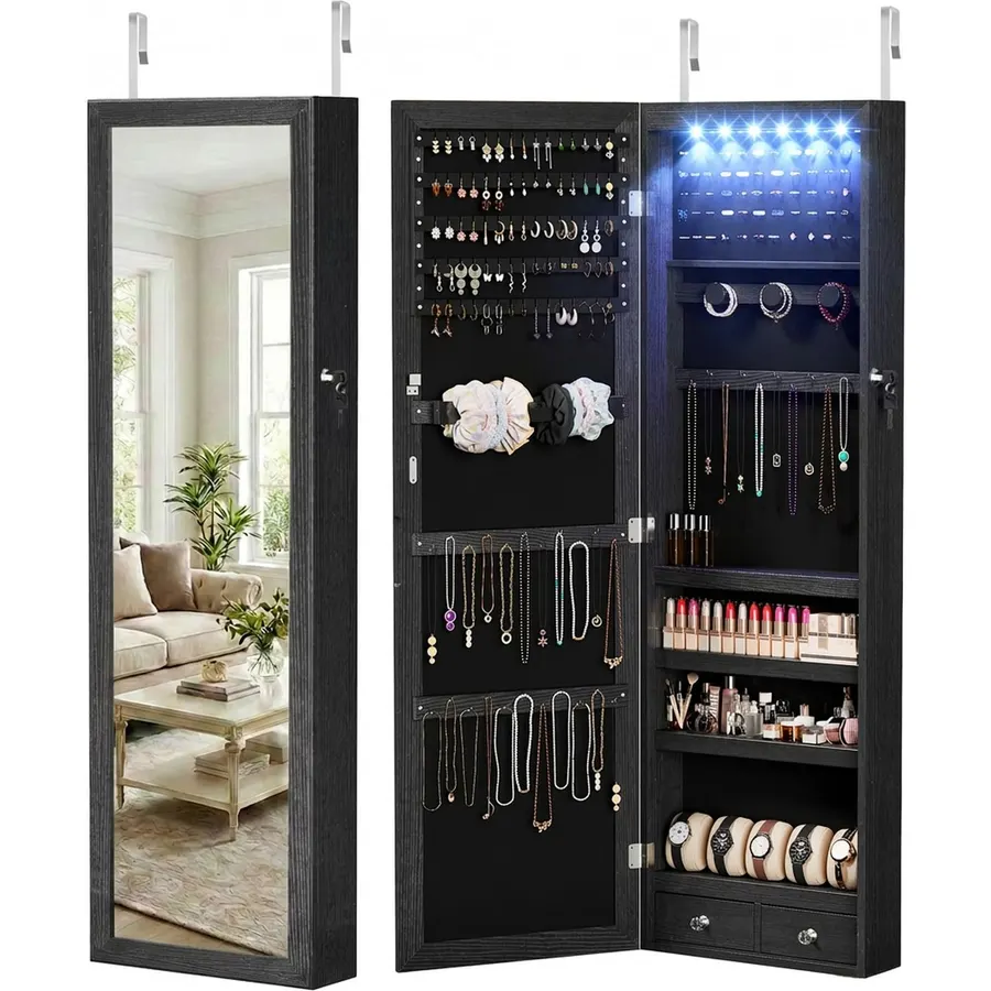 47.2" Tall Mirror Jewelry Cabinet, 6 Led Light Jewelry Armoire Organizer, Wall or Door Mounted Lockable Storage Cabinet with Mirror, White