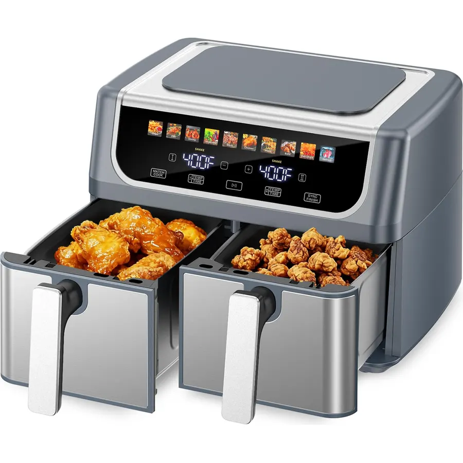DUMOS 9.5 Quart Dual Basket Air Fryer, 10-in-1 Large Airfryer