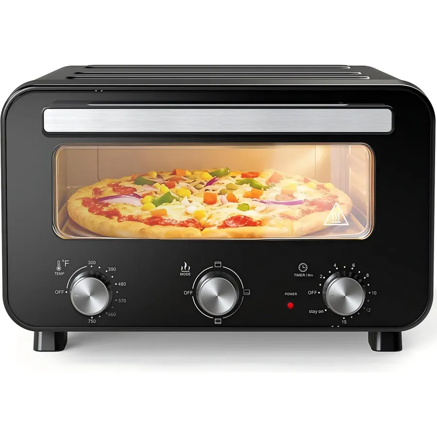 DUMOS Pizza Oven Indoor, 1600W Electric Pizza Maker Fast Heating, 4 Modes for 12 Inches Pizzas, with Stone & Spatula, Upper-Bottom Independent Heating Temperature Control