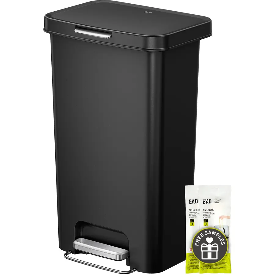 EKO 45L/12 Gal Pet-Lock Kitchen Trash Can with Lid, Plastic Step Can, Black