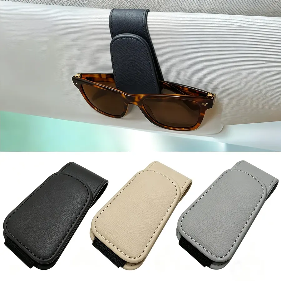 Sunglass Holder for Car Visor, Magnetic Leather Sunglasses Holder and Ticket Card Clip for Car