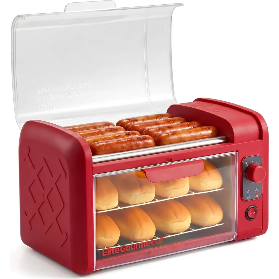 Elite Gourmet 8-Hot Dog Roller/Toaster Oven, 5 Rollers, Auto Shut-Off, Red