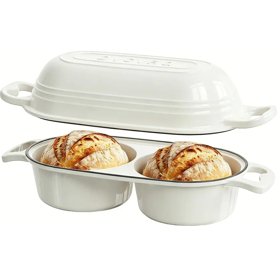 Enameled Cast Iron Double Round Bread Loaf Pot with Lid –Cream White