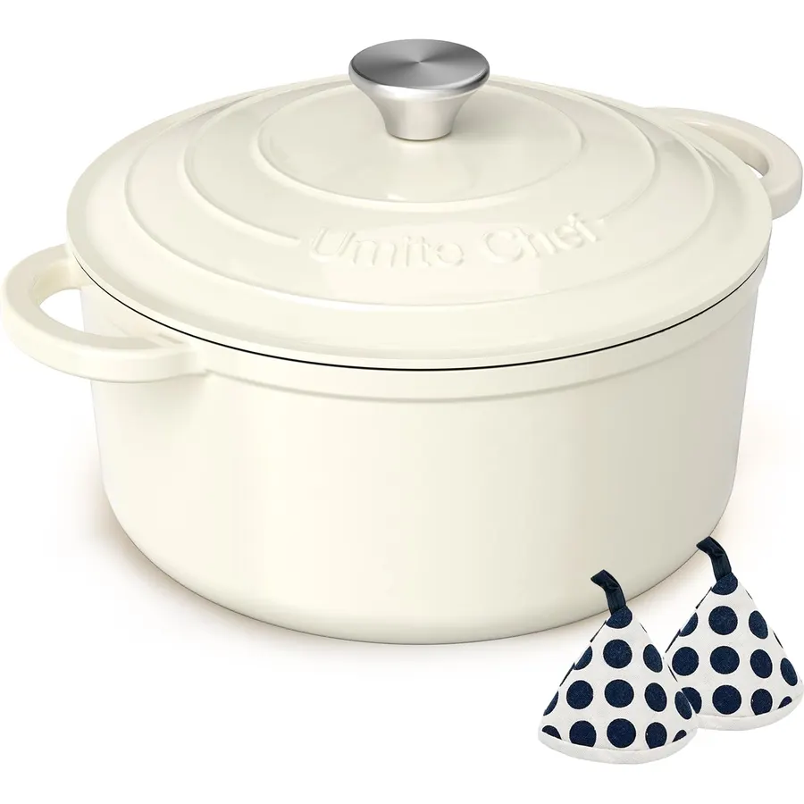 Overmont Enameled Cast Iron Dutch Oven - 5QT Pot with Lid Recipe Potholders