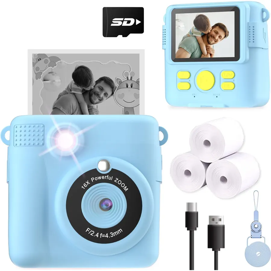 Kids Camera Instant Print, Christmas Birthday Gifts for Girl Boys 3-12 Years Old, FHD Selfie Digital Video Cameras Toddler 3 Rolls Print Paper & 32G Card (Blue)