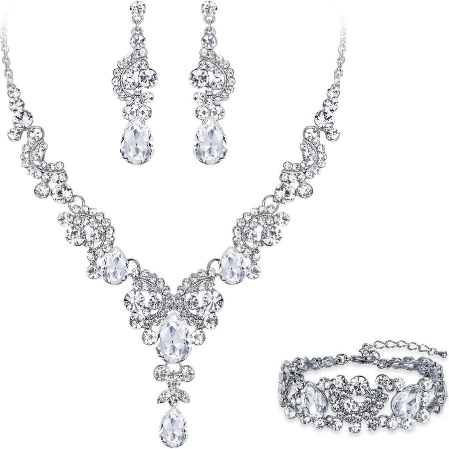 EVER FAITH Rhinestone Crystal Art Deco Bridal Prom Floral Wave Jewelry Set