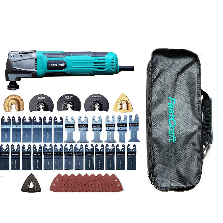 FastCraft® 42pc Oscillating Tool Set w/Blades, Sanders - PRO Multi Tool 5.0Amp Peak GUARANTEED POWER™ Rated 2.4Amp/Keyless Fast Blade Change/6 Speeds/3-4 Angle Cut + 40pc PRO Blades BULK PACKAGING