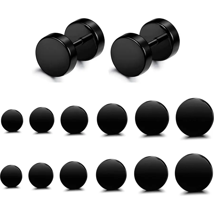 FIBO STEEL Black Stud Earrings for Men Women Stainless Steel Fake Ear Gauge