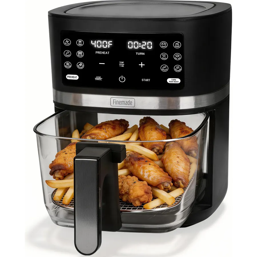 FineMade 12-in-1 Glass Air Fryer Non Toxic,4.5 Quart, Dishwasher-Safe Air fryer Glass Basket, Freidora De Aire De Vidrio, Temperature & Time Programable, PFOA & PFAS Free, Graphite