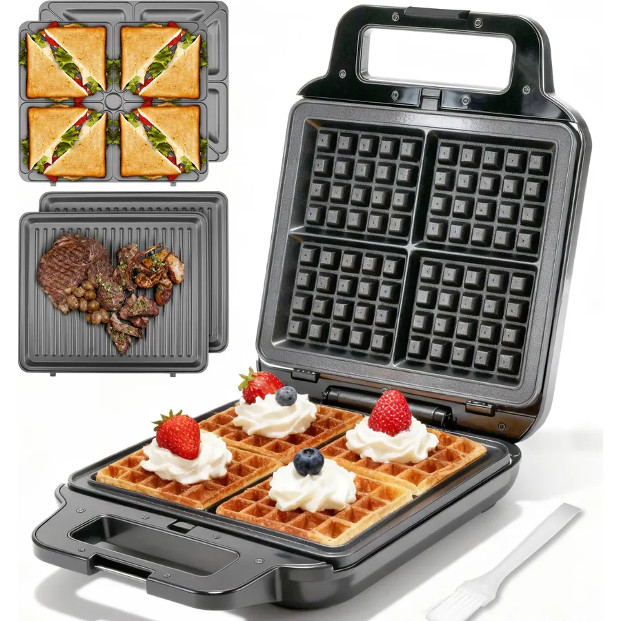 3 in 1 Electric Sandwich Maker with Removable Nonstick Plates - 1000W,Black