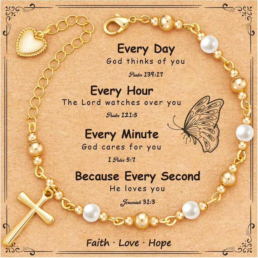 First Communion Confirmation Baptism Godmother Gifts for Teen Girls Women, Catholic Christian Cross Pearl Bracelet