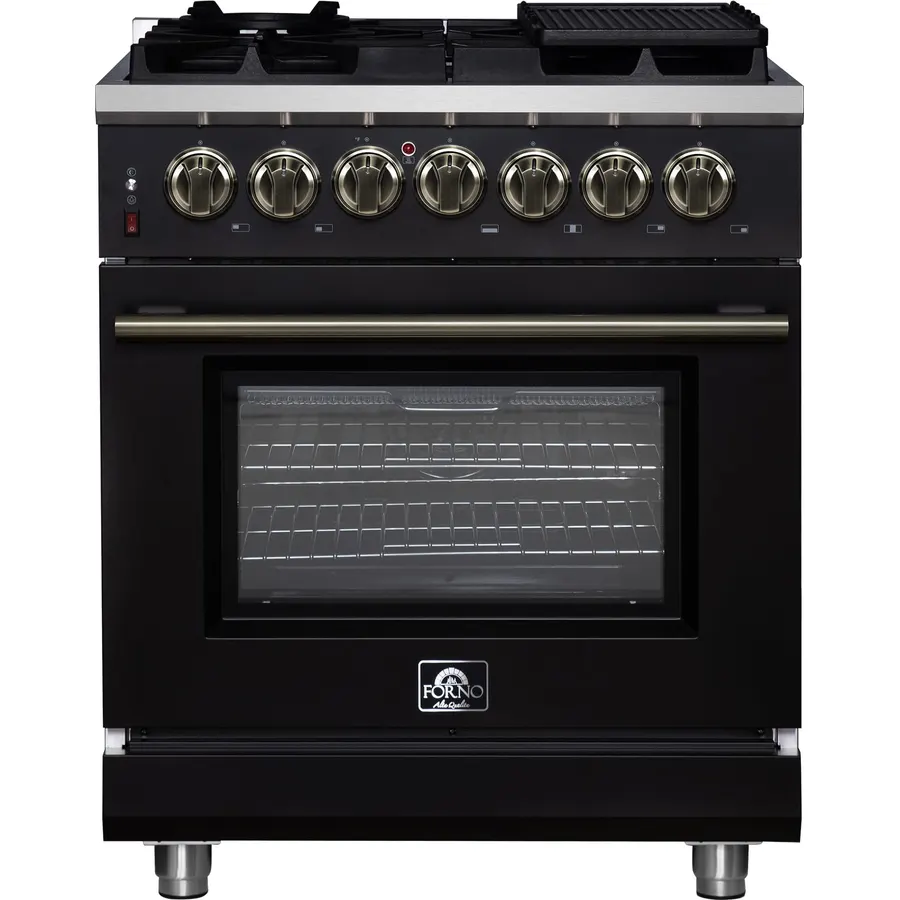 Forno Massimo 30-Inch Freestanding Dual Fuel Range with Antique Brass Trim, Handle & Knobs, 4 Sealed Burners, 4.32 cu. ft. Convection Oven, Professional Gas Cooktop & Electric Oven - Black