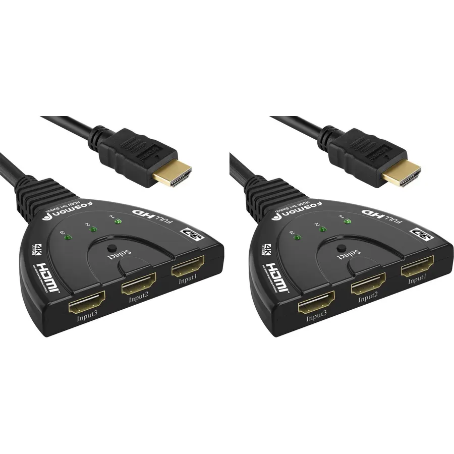 Fosmon 4K HDMI Switch, 3 Port HDMI Switcher with Pigtail Cable, Supports 30Hz, HDCP, Ultra HD for HDTV, PS5, Xbox, Fire Stick (Pack of 2)