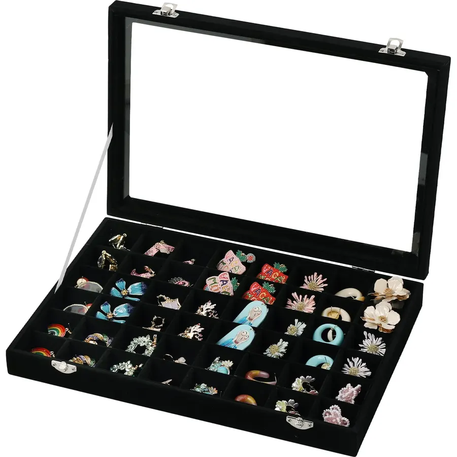 Frebeauty 24 Grid Earring Organizer,Small Velvet Jewelry Tray with Lid