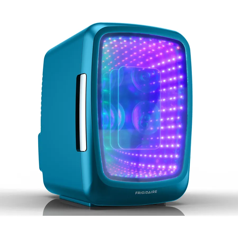 Frigidaire Gaming Light Up Mini Beverage Refrigerator, 6 can, 4 liters, Cooler with large see through door and LED lights Perfect for Gaming Experience, Home, Office, or Cars.12V Charger (Blue)