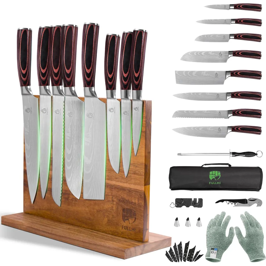 FULLHI 15pcs Japanese Knife Set with Magnetic Knife Block Holder, Japan Stainless Steel Blades, Ergonomic Handles for Professional and Home Cooking（Coffee wood, Magnetic Block Knife Set)