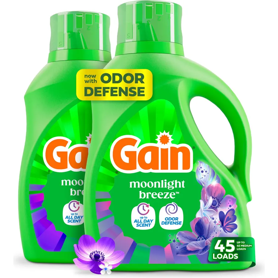 Gain Liquid Laundry Detergent with Odor Defense, Moonlight Breeze Scent, Laundry Soap For HE Washing Machines, 60 fl oz, 45 Loads, Pack of 2 (Packaging May Vary)