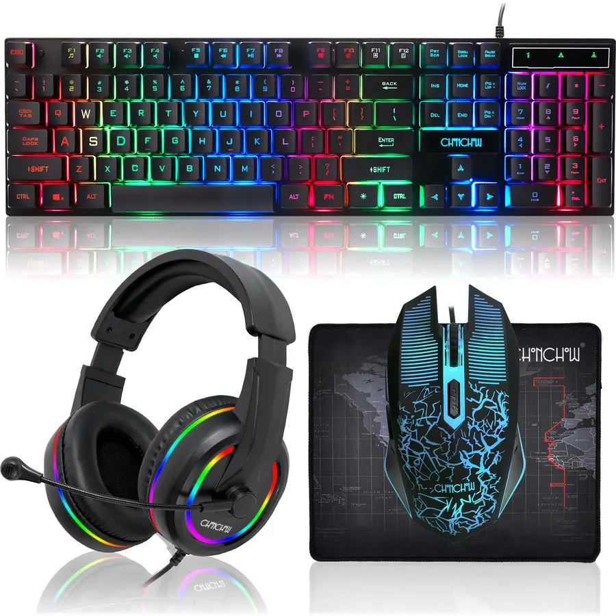 Gaming LED Keyboard Mouse Headset and Mousepad Bundle,Wired Rainbow