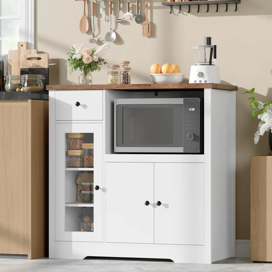 GarveeHome Kitchen Microwave Cabinet with Storage and Drawers, White