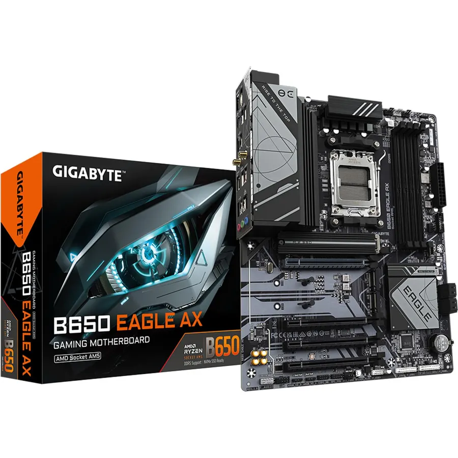 GIGABYTE B650 Eagle AX AM5 LGA 1718 ATX Motherboard, DDR5, Triple M.2 Slots (1x PCIe 5.0, 2X PCIe 4.0), USB 3.2 Gen2x2 Type-C, WiFi 6E, Realtek GbE LAN
