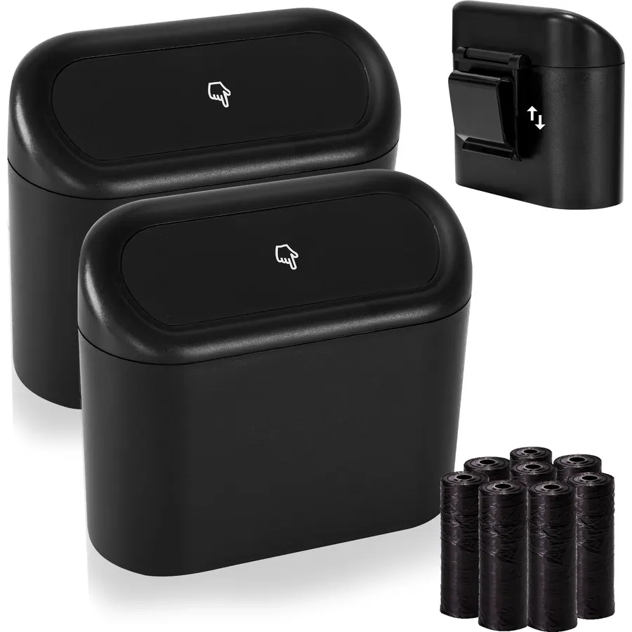 Ginsco 2 Pack Mini Car Trash Can with Lid, Small Car Garbage Can, Cute Leakproof ABS Trash Bin, Cars Accessories for Interior, Garbage Bin for Car, Home, Office with 120pcs Trash Bags Black